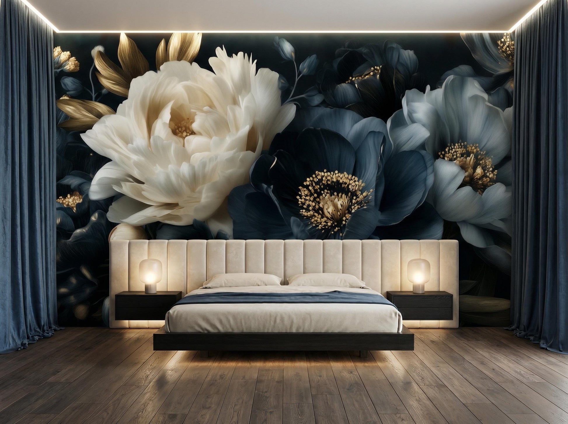 Dark Floral Luxury Moody Floral Wallpaper – room setting, Golden Era Walls