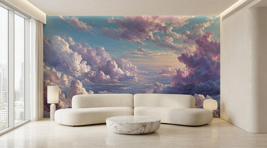 Soft Pink Purple Cloud Wallpaper – room setting, Golden Era Walls