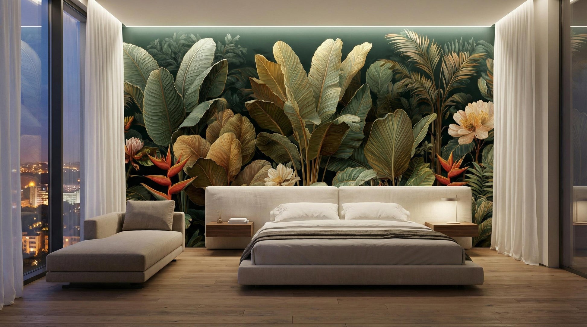 Dark Tropical Jungle Moody Floral Wallpaper – scale reference, Golden Era Walls