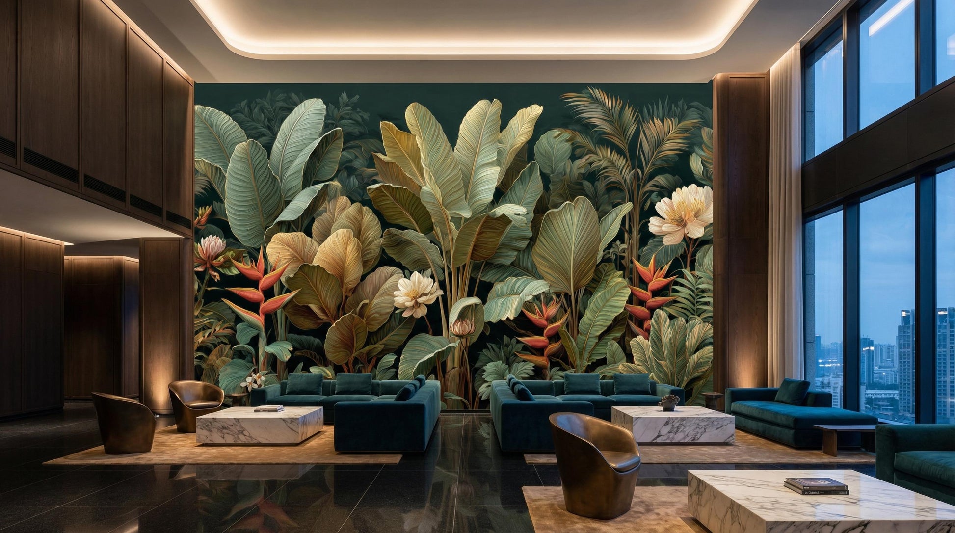 Dark Tropical Jungle Moody Floral Wallpaper – room setting, Golden Era Walls
