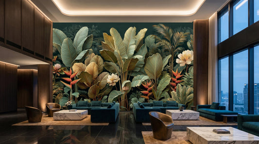 Dark Tropical Jungle Moody Floral Wallpaper – room setting, Golden Era Walls