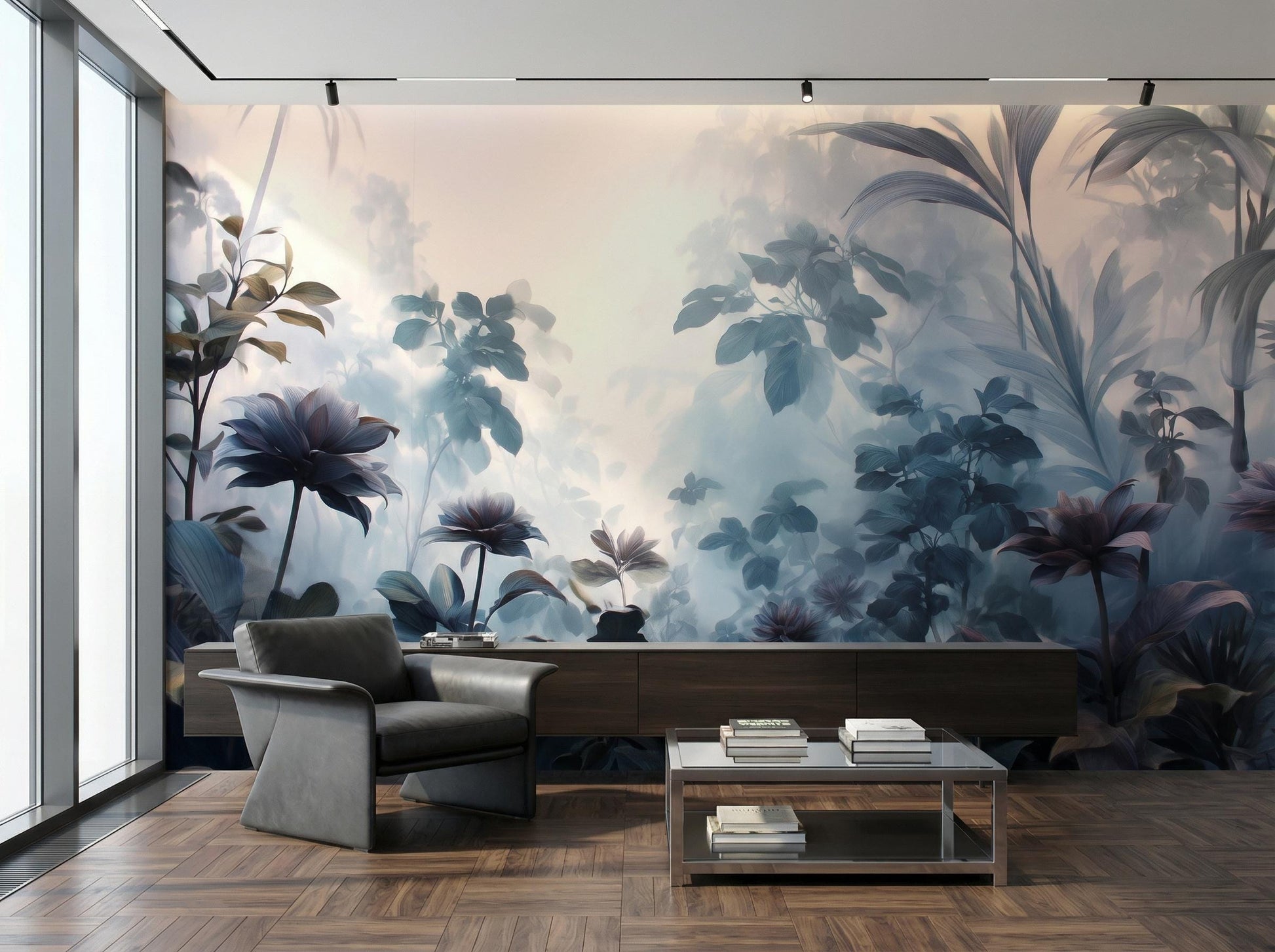 Foggy Rainforest Moody Teal Tropical Wallpaper – scale reference, Golden Era Walls