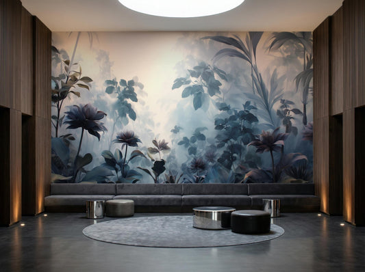 Foggy Rainforest Moody Teal Tropical Wallpaper – lifestyle view, Golden Era Walls