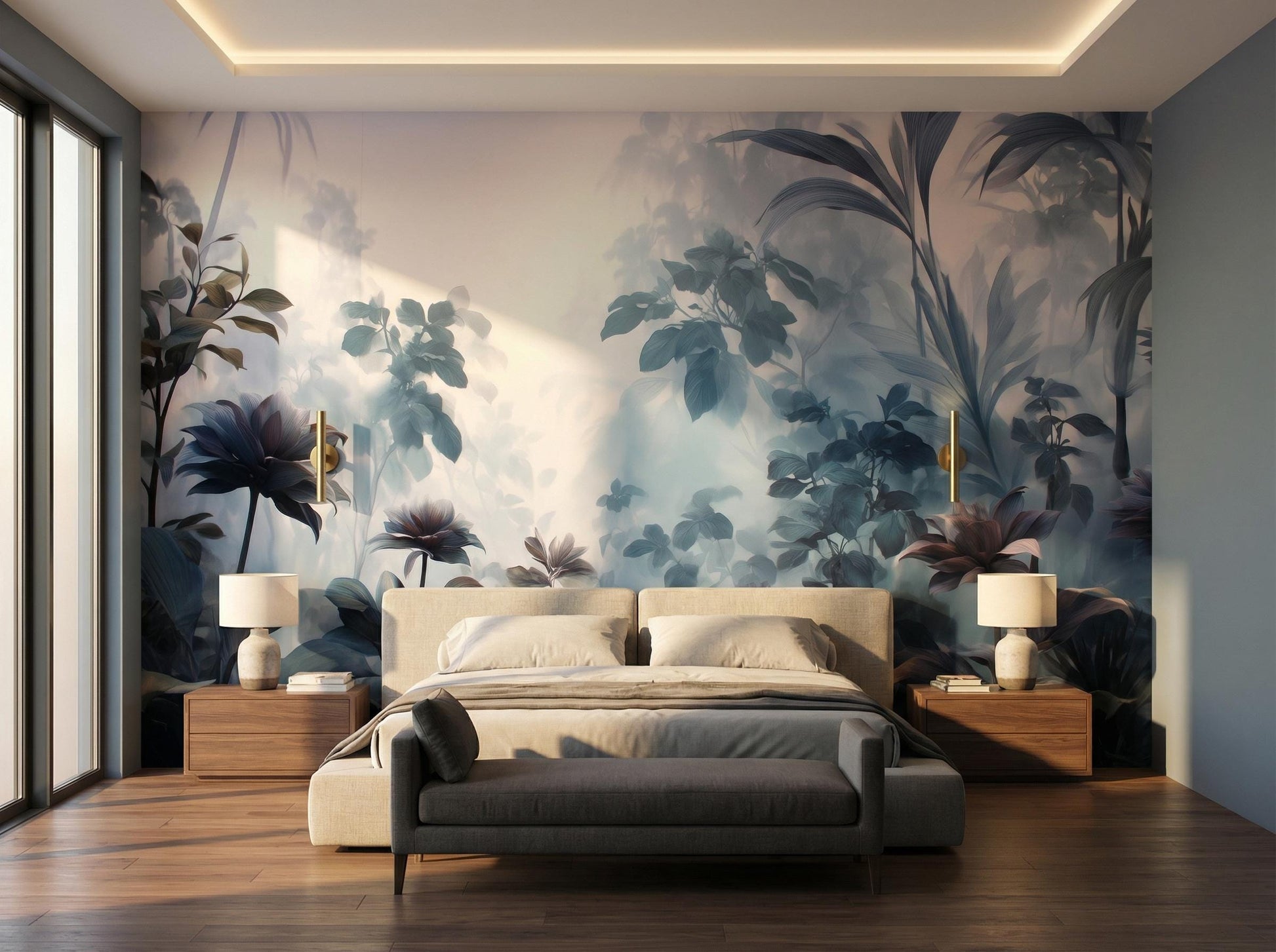 Foggy Rainforest Moody Teal Tropical Wallpaper – room setting, Golden Era Walls