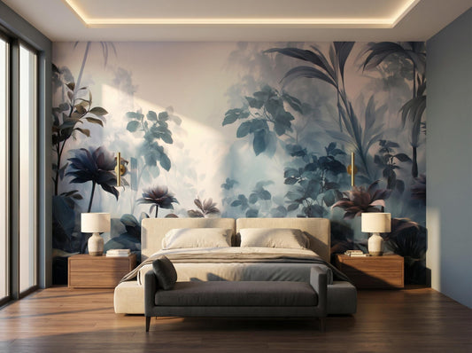 Foggy Rainforest Moody Teal Tropical Wallpaper – room setting, Golden Era Walls