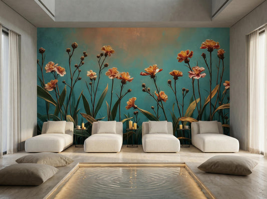 Moody Floral Golden Hour Floral Wallpaper – lifestyle view, Golden Era Walls