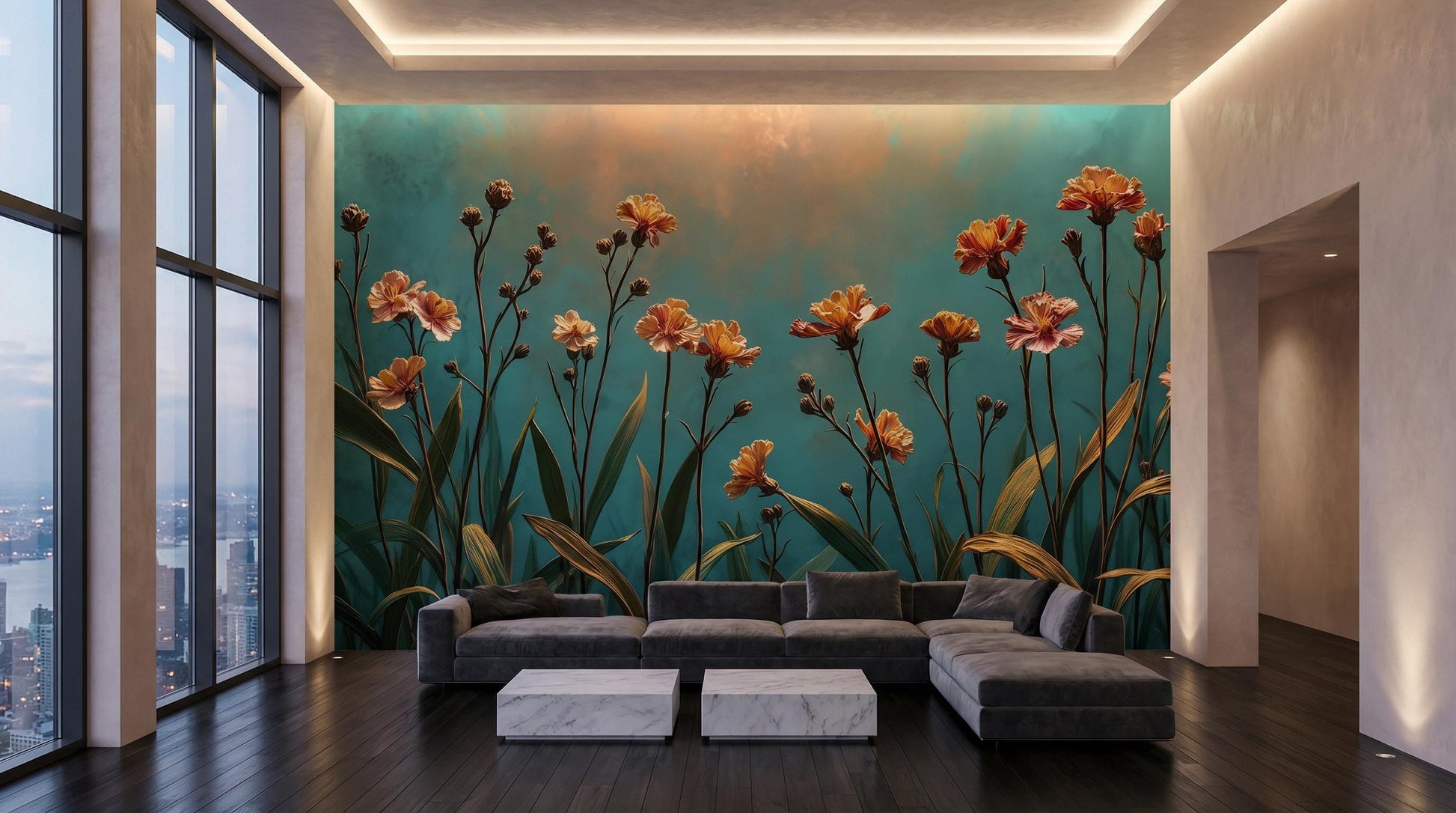 Moody Floral Golden Hour Floral Wallpaper – scale reference, Golden Era Walls