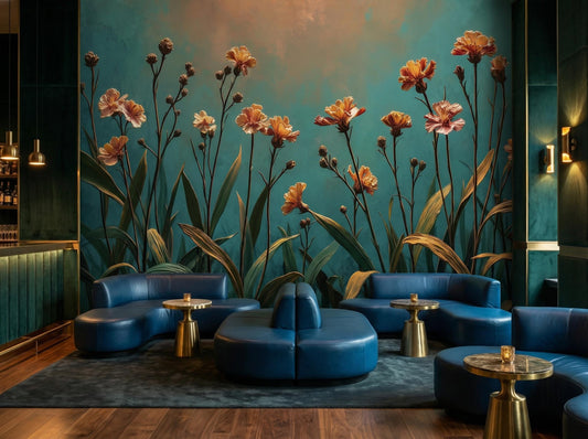 Moody Floral Golden Hour Floral Wallpaper – room setting, Golden Era Walls