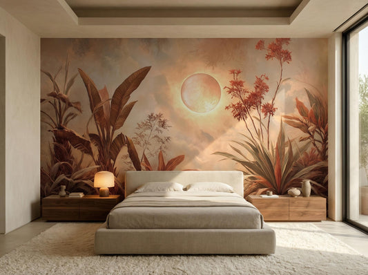 Vintage Sepia Jungle Modern Floral Wallpaper – lifestyle view, Golden Era Walls