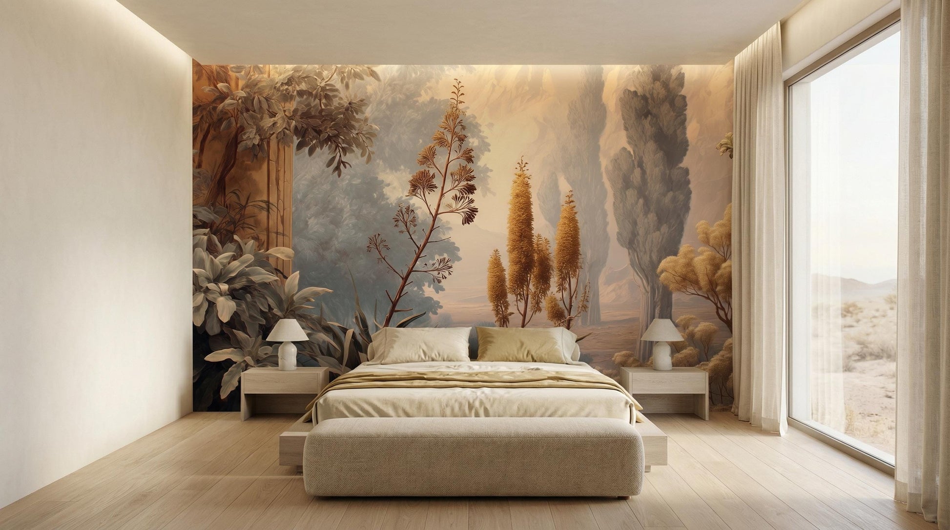 Mediterranean Tree Golden Sunset Wallpaper – scale reference, Golden Era Walls