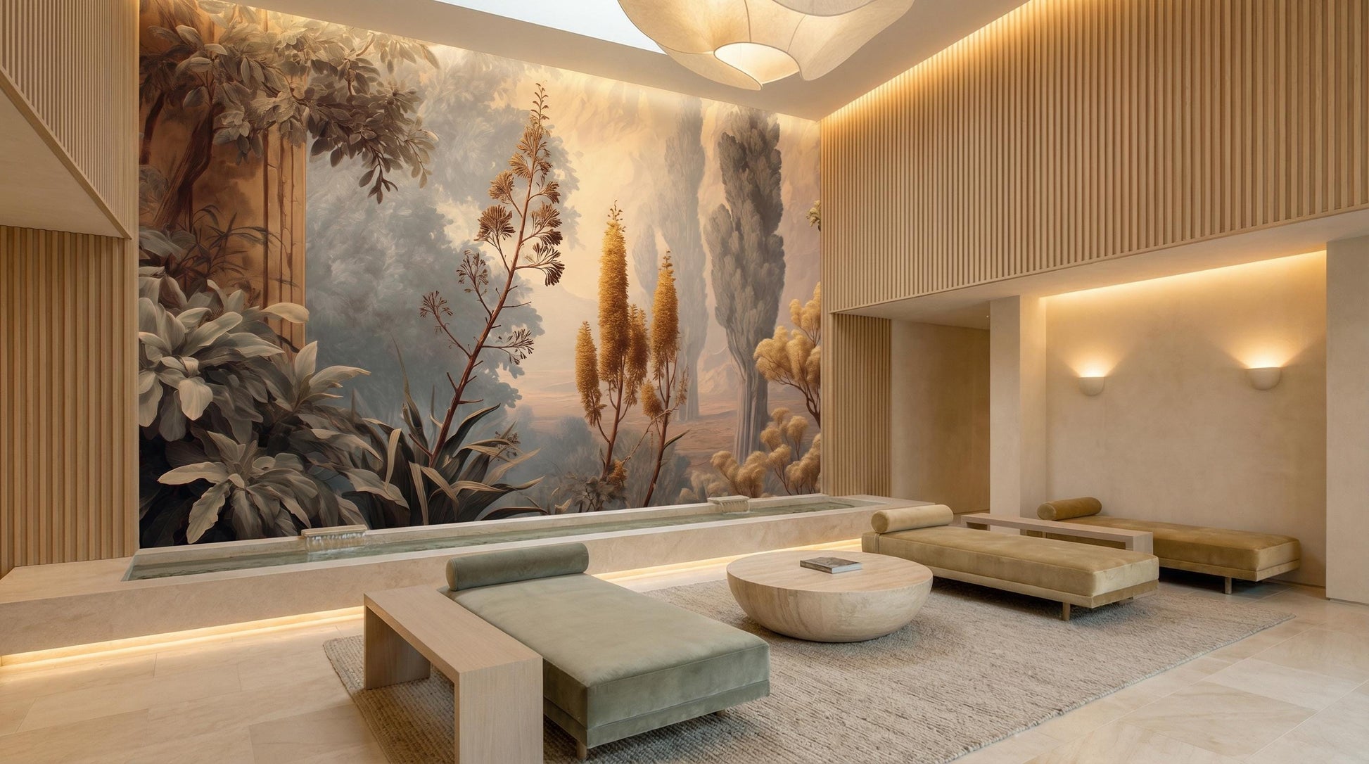 Mediterranean Tree Golden Sunset Wallpaper – lifestyle view, Golden Era Walls