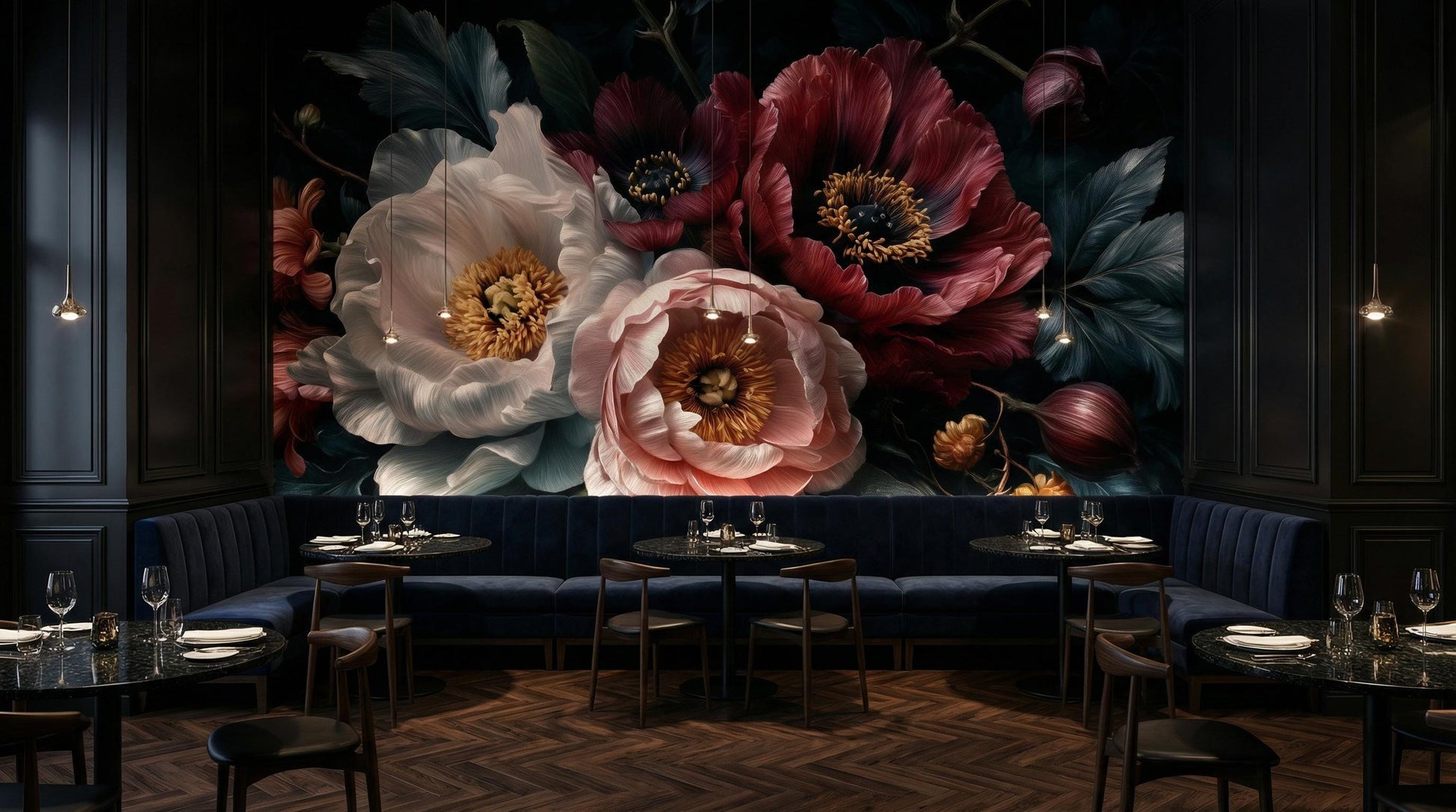 Dark Floral Moody Peony Floral Wallpaper – peel and stick wallpaper mural, Golden Era Walls