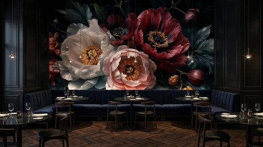 Dark Floral Moody Peony Floral Wallpaper – peel and stick wallpaper mural, Golden Era Walls