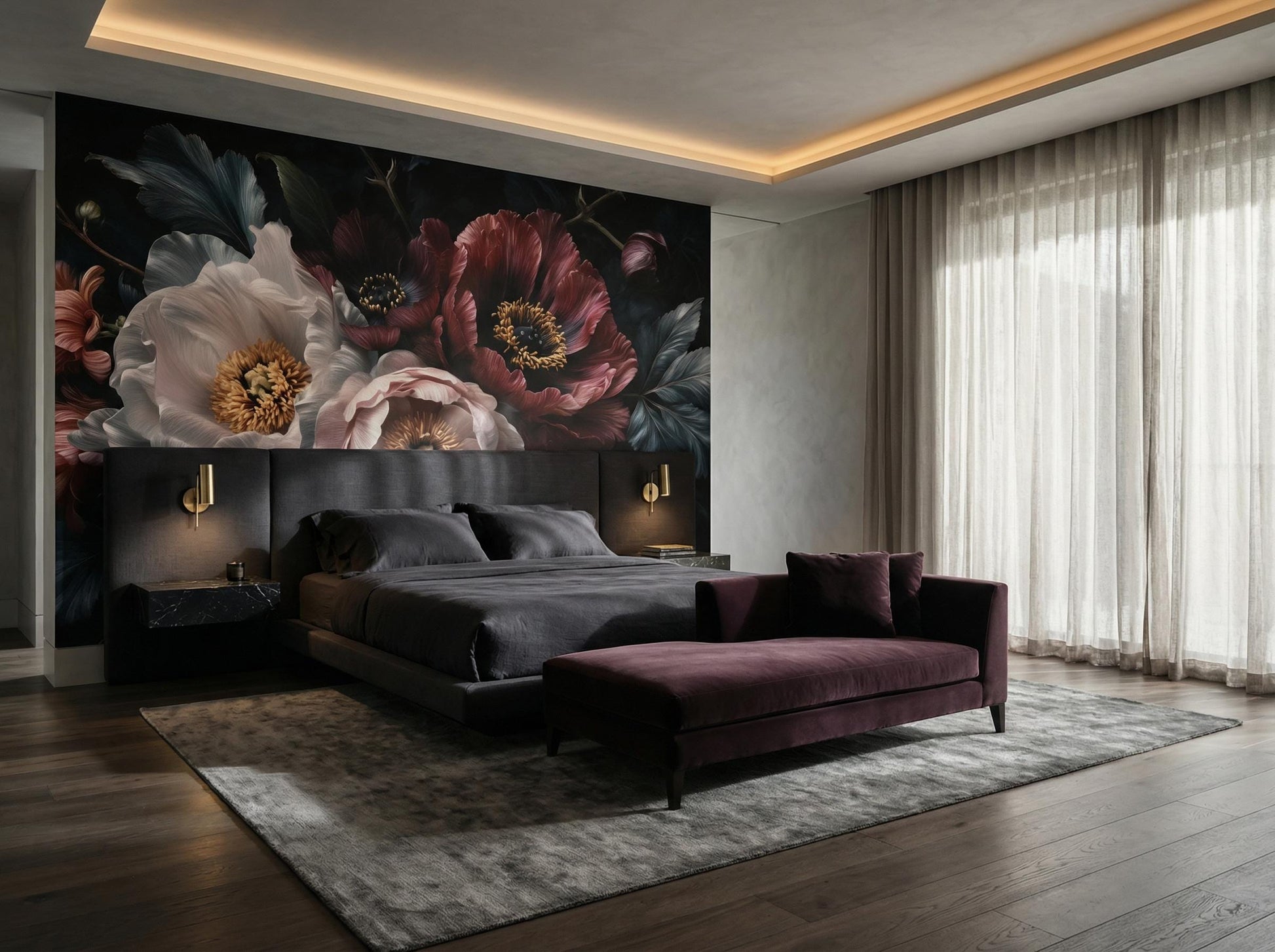 Dark Floral Moody Peony Floral Wallpaper – lifestyle view, Golden Era Walls