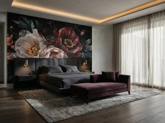 Dark Floral Moody Peony Floral Wallpaper – lifestyle view, Golden Era Walls