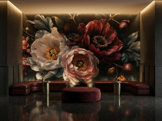 Dark Floral Moody Peony Floral Wallpaper – room setting, Golden Era Walls