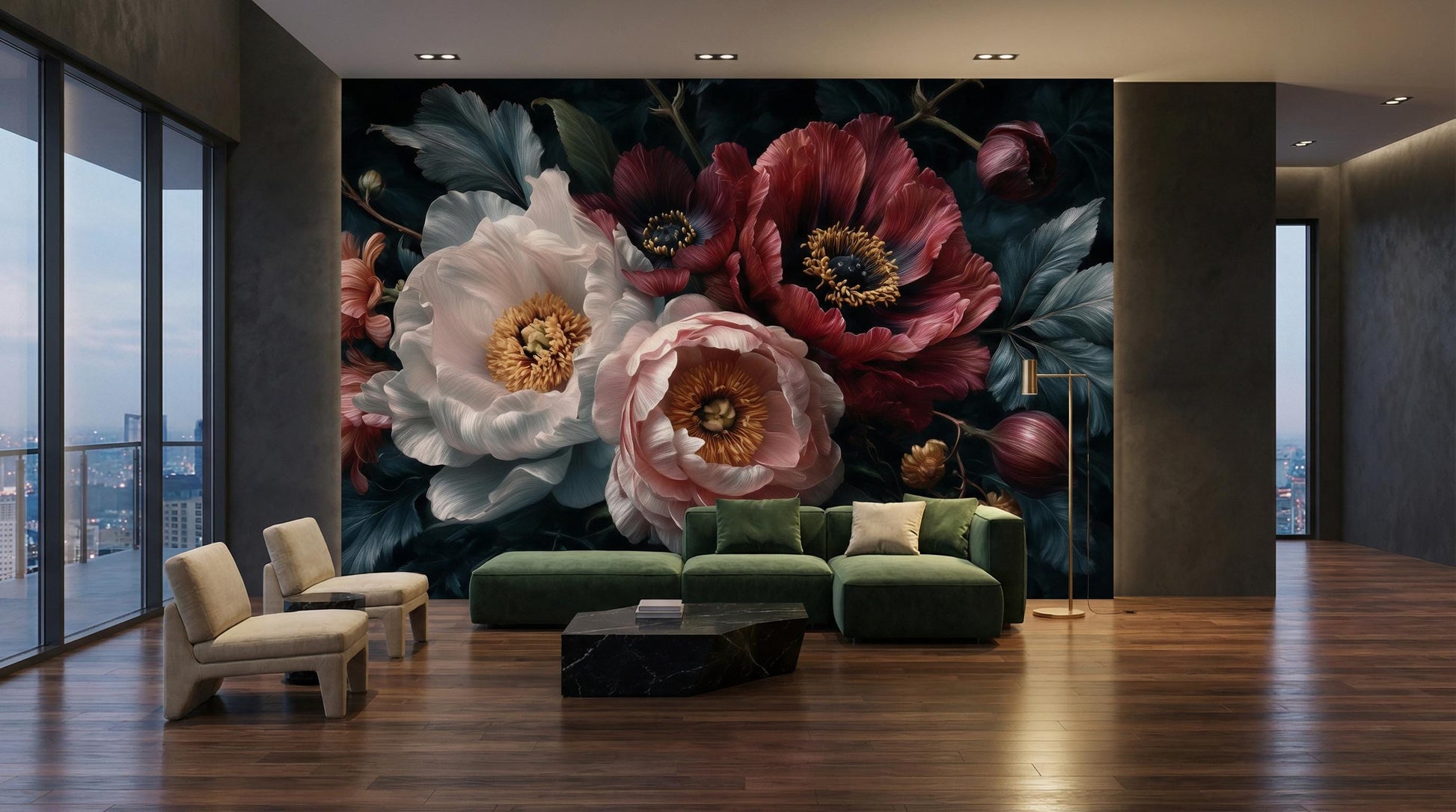 Dark Floral Moody Peony Floral Wallpaper – scale reference, Golden Era Walls