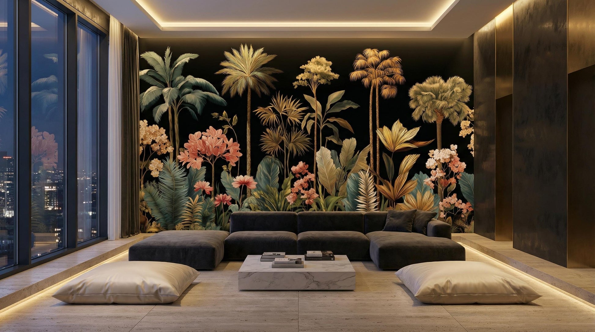 Moody Black Floral Exotic Floral Wallpaper – scale reference, Golden Era Walls