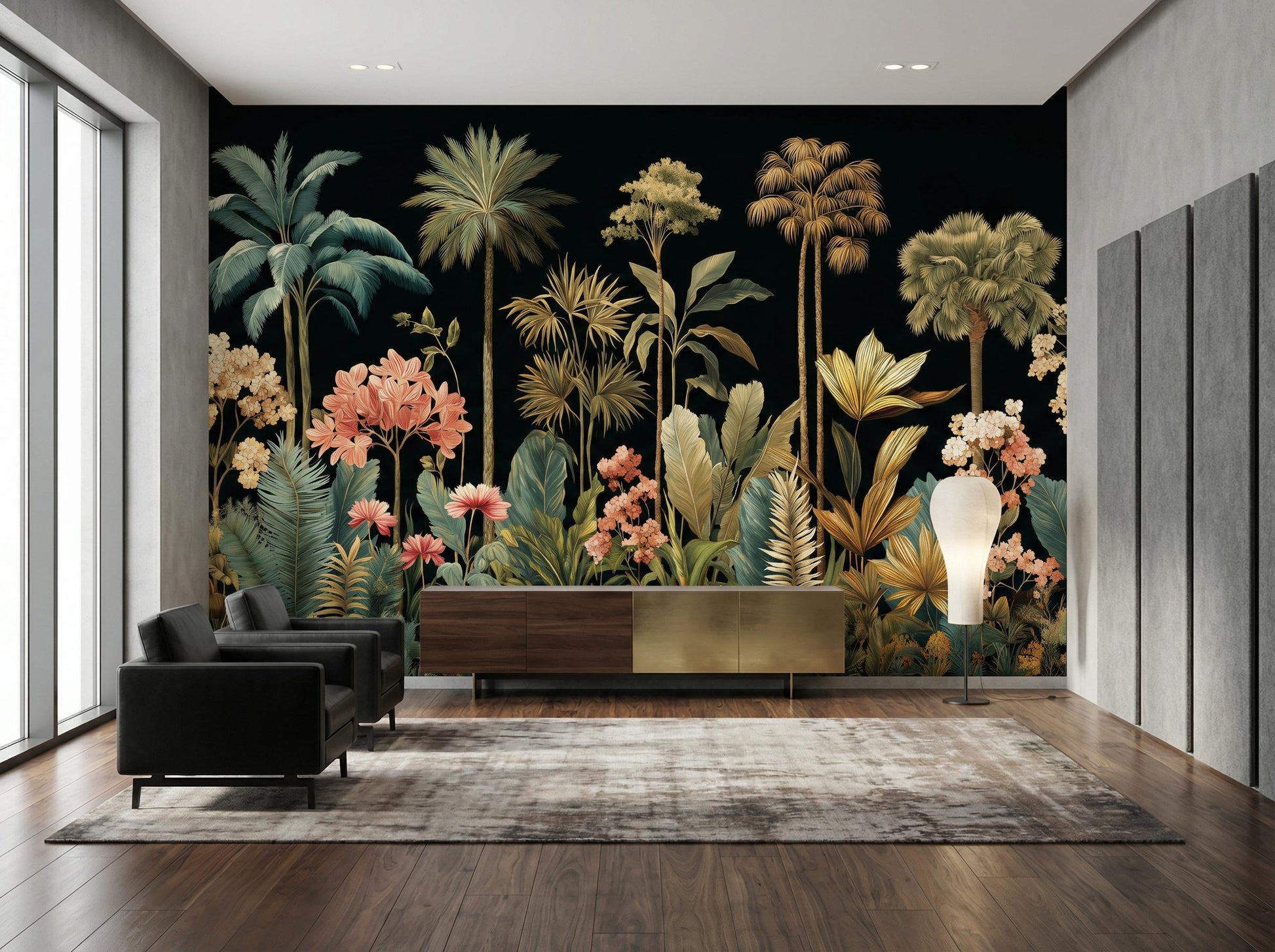 Moody Black Floral Exotic Floral Wallpaper – peel and stick wallpaper mural, Golden Era Walls