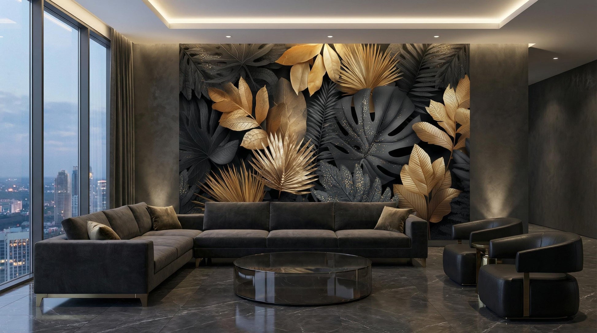 Dark Botanical Black Gold Floral Wallpaper – detail view, Golden Era Walls