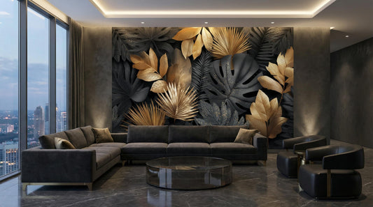 Dark Botanical Black Gold Floral Wallpaper – detail view, Golden Era Walls