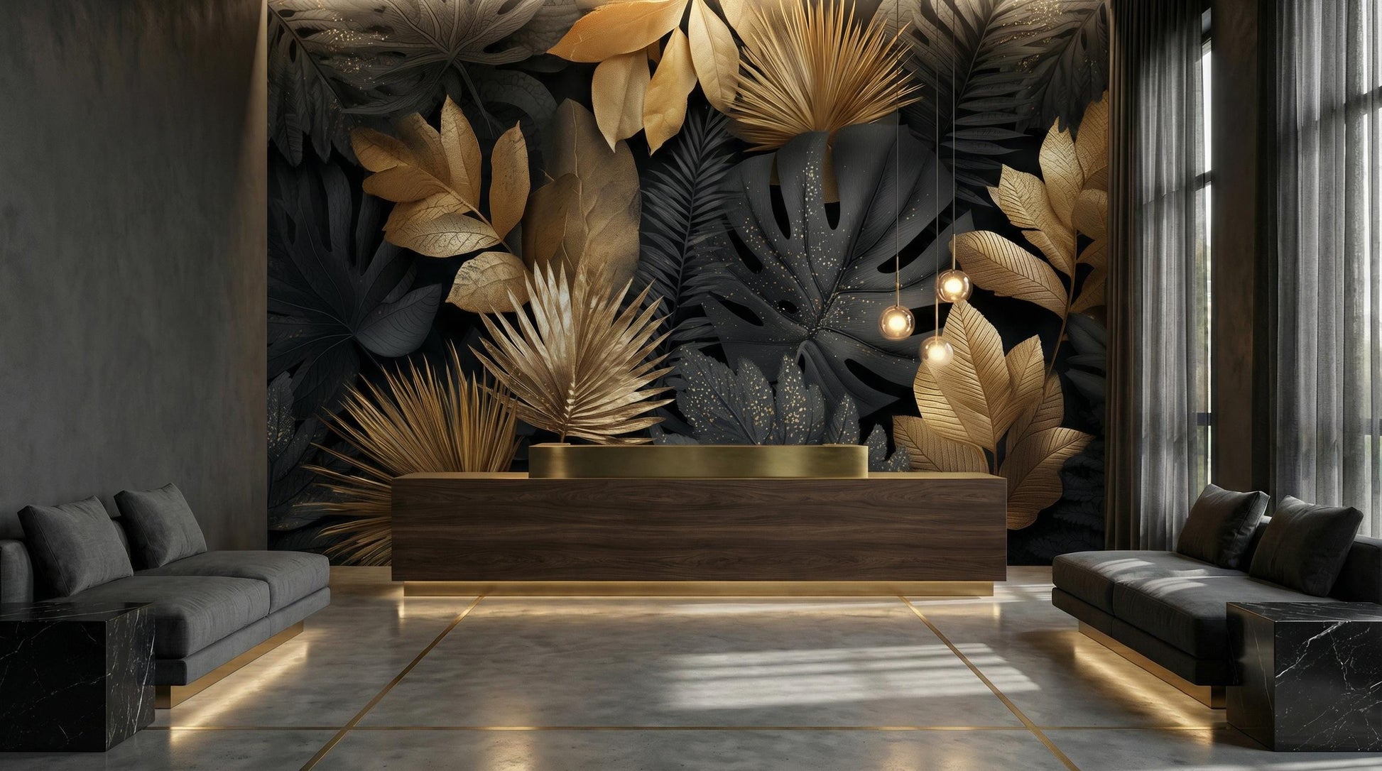 Dark Botanical Black Gold Floral Wallpaper – scale reference, Golden Era Walls