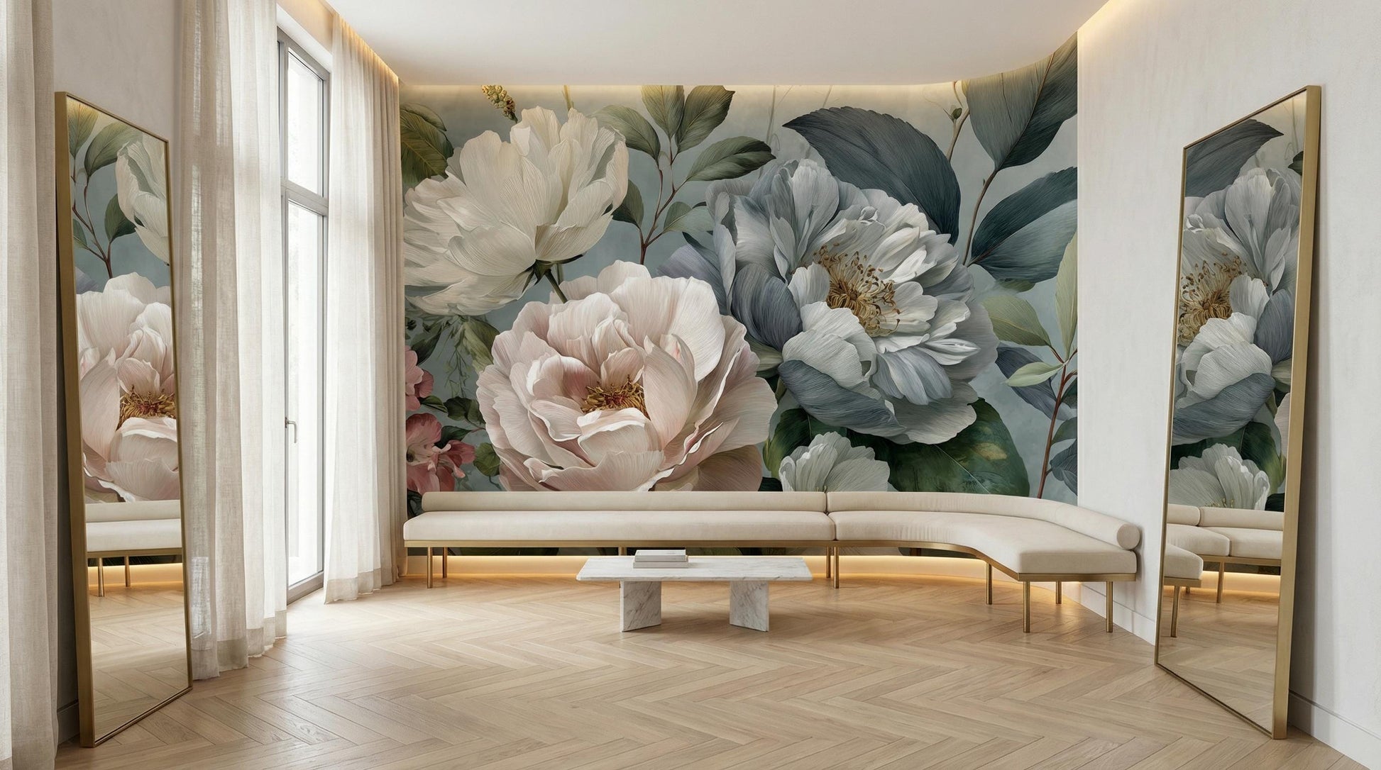 Elegant Chinoiserie Muted Pastel Floral Wallpaper – scale reference, Golden Era Walls