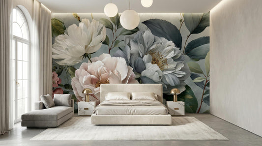 Elegant Chinoiserie Muted Pastel Floral Wallpaper – detail view, Golden Era Walls