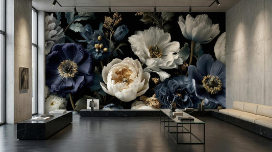 Vintage Peony Luxury Dark Floral Wallpaper – room setting, Golden Era Walls