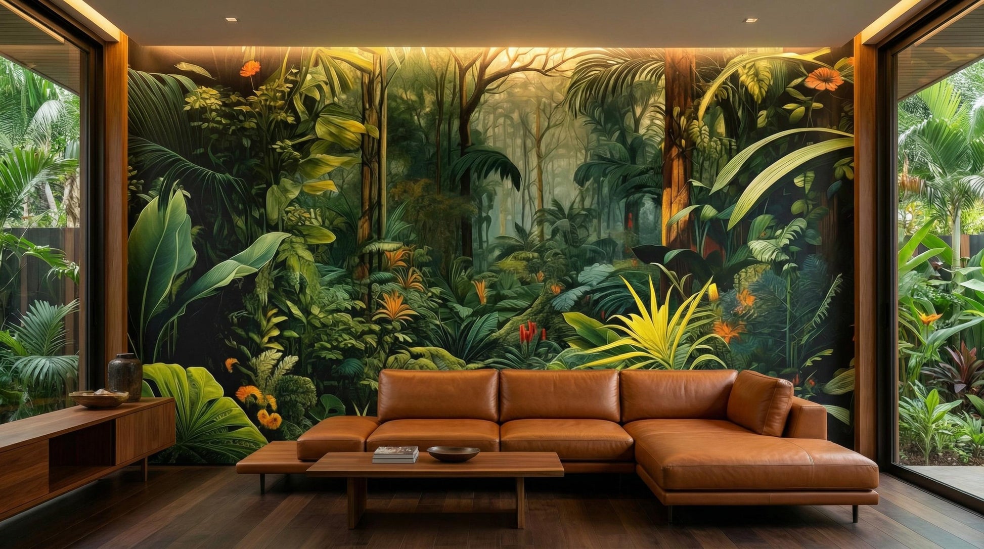 Tropical Jungle Dark Botanical Floral Wallpaper – lifestyle view, Golden Era Walls