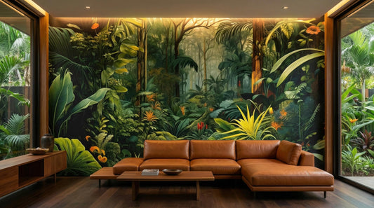 Tropical Jungle Dark Botanical Floral Wallpaper – lifestyle view, Golden Era Walls
