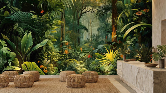 Tropical Jungle Dark Botanical Floral Wallpaper – room setting, Golden Era Walls