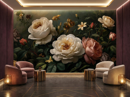 Dark Moody Floral Dutch Floral Wallpaper – peel and stick wallpaper mural, Golden Era Walls