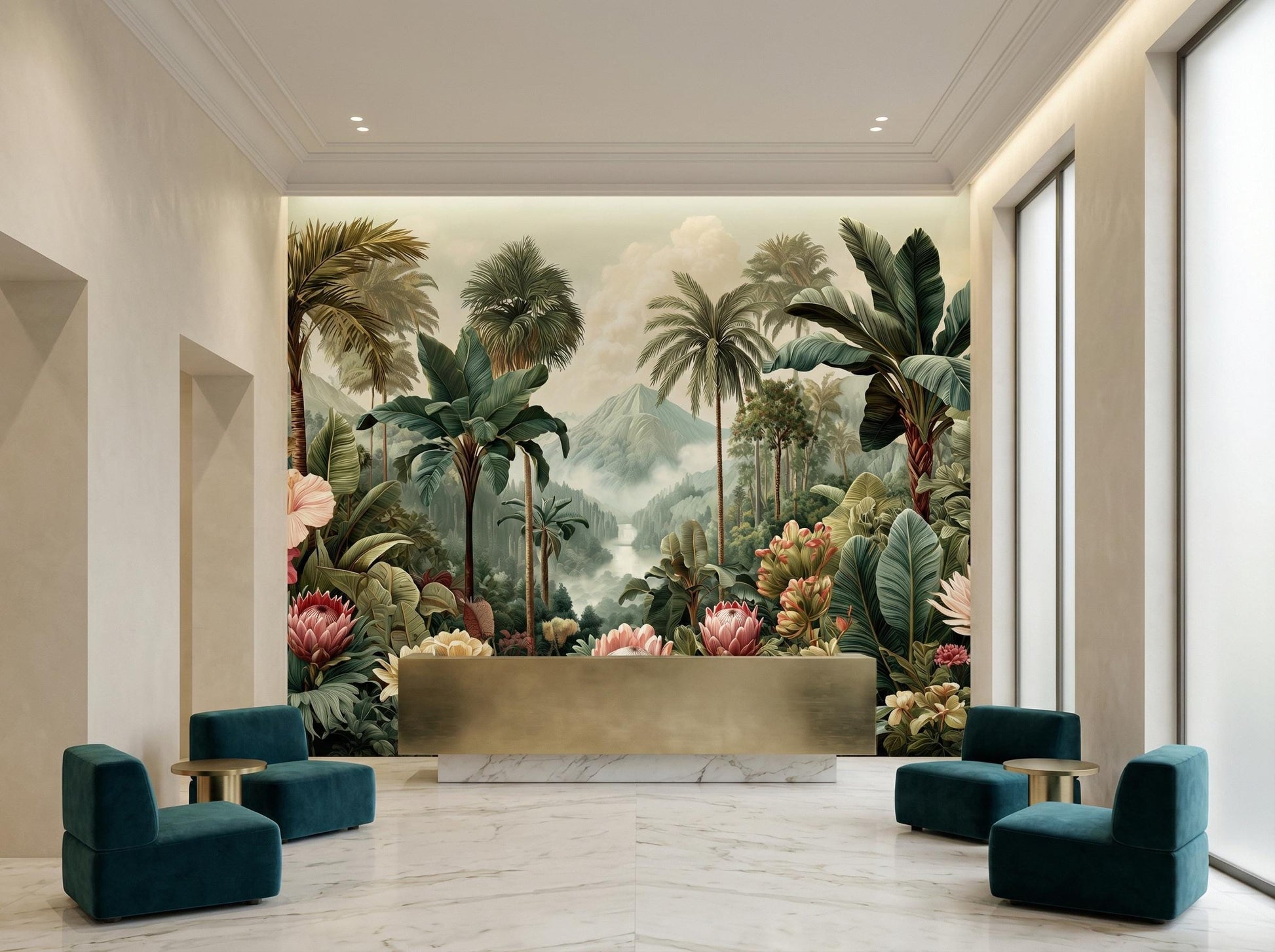 Panoramic Nature Jungle Theme Floral Wallpaper – scale reference, Golden Era Walls
