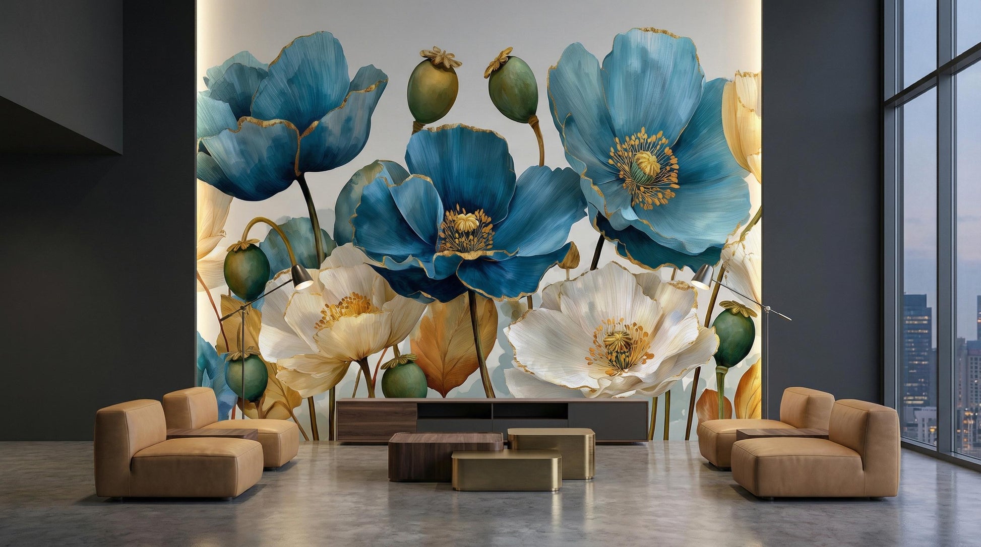 Elegant Watercolor Flower Blue Floral Wallpaper – scale reference, Golden Era Walls