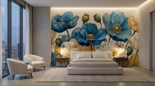 Elegant Watercolor Flower Blue Floral Wallpaper – lifestyle view, Golden Era Walls