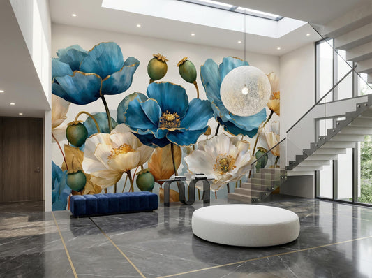 Elegant Watercolor Flower Blue Floral Wallpaper – peel and stick wallpaper mural, Golden Era Walls