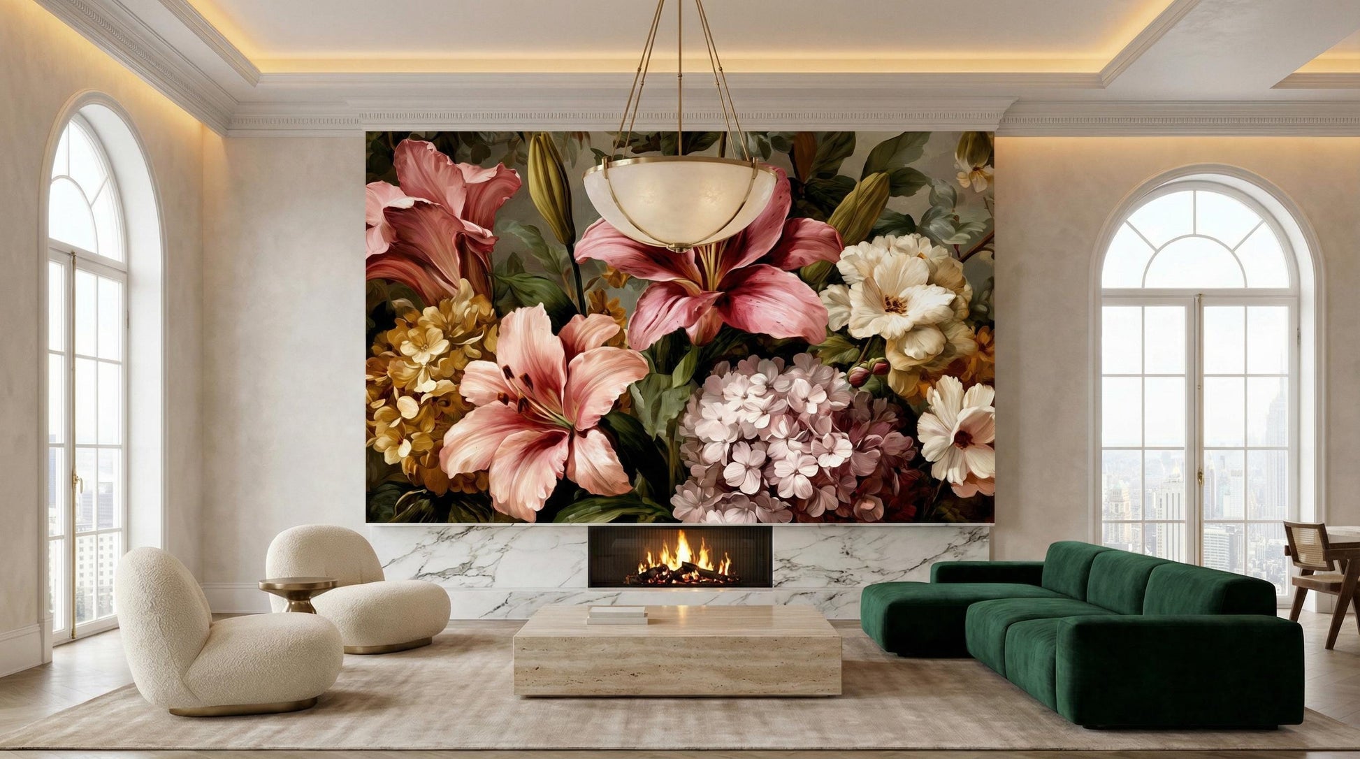 Luxury Pink Cream Flower Floral Wallpaper – scale reference, Golden Era Walls