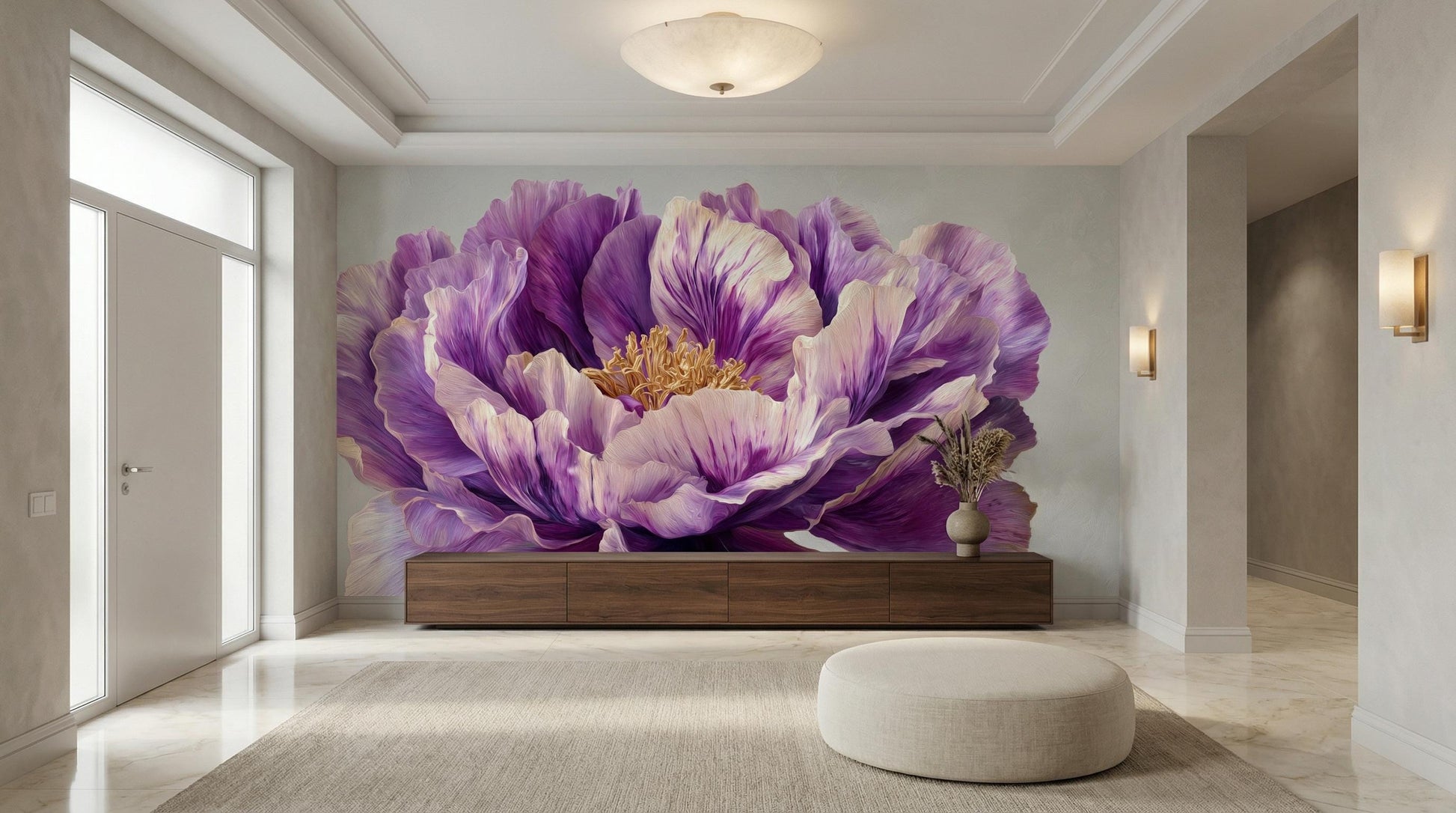 Luxury Purple Peony Dramatic Floral Wallpaper – scale reference, Golden Era Walls