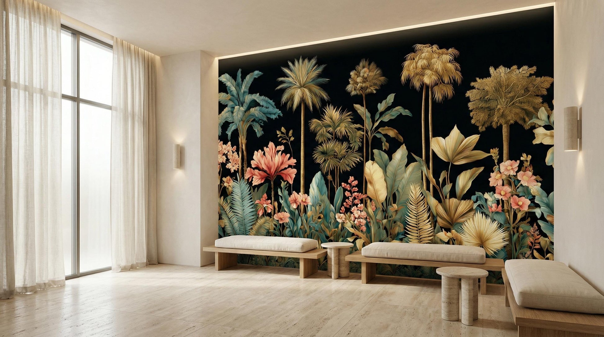 Dark Tropical Jungle Gold Floral Wallpaper – alternate view, Golden Era Walls
