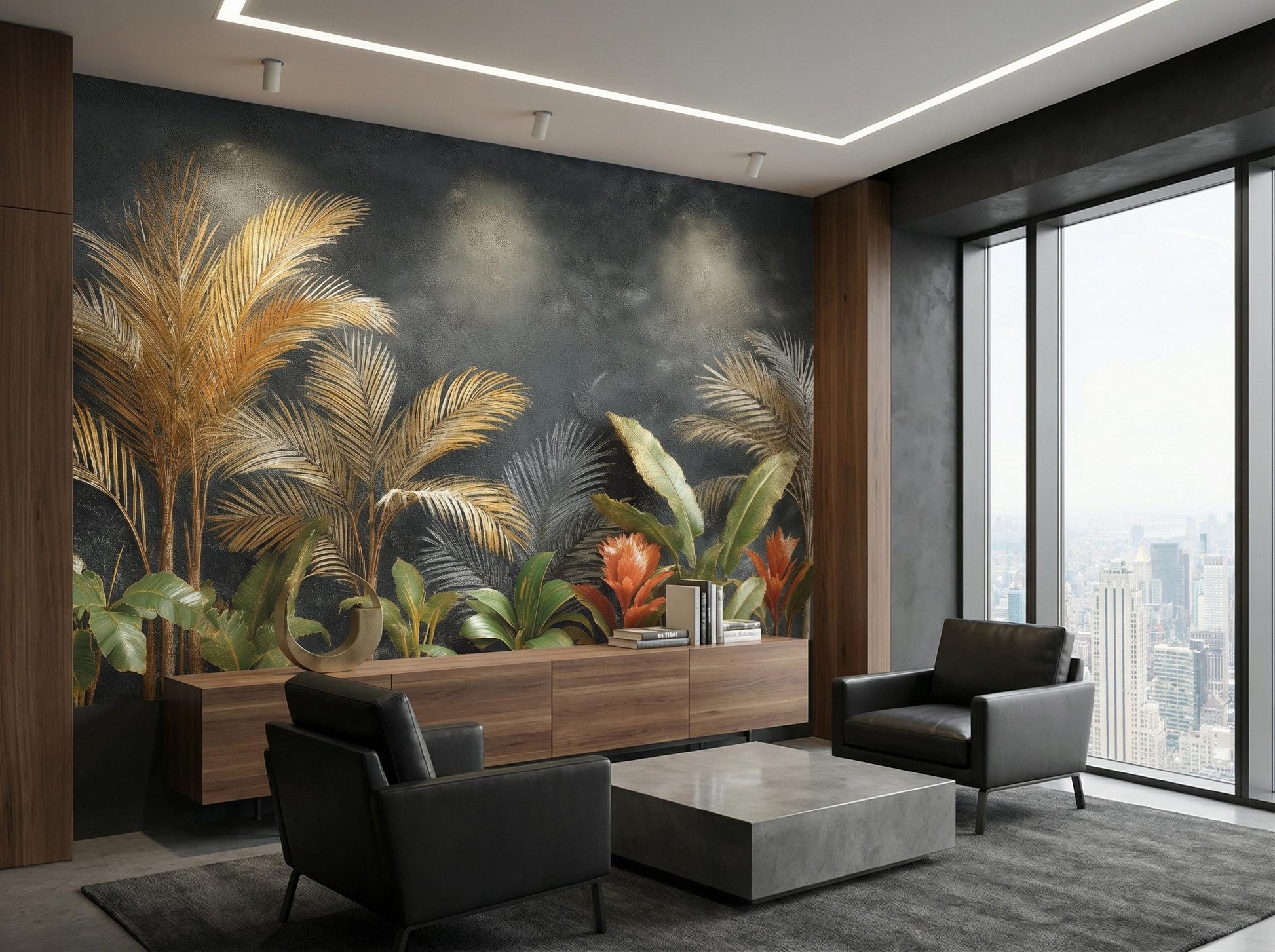 Luxury Tropical Palm Leaf Floral Wallpaper – room setting, Golden Era Walls