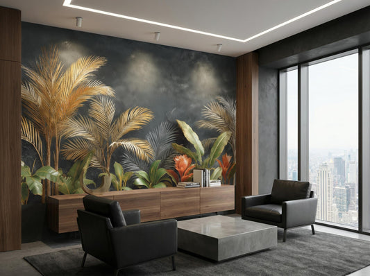 Luxury Tropical Palm Leaf Floral Wallpaper – room setting, Golden Era Walls