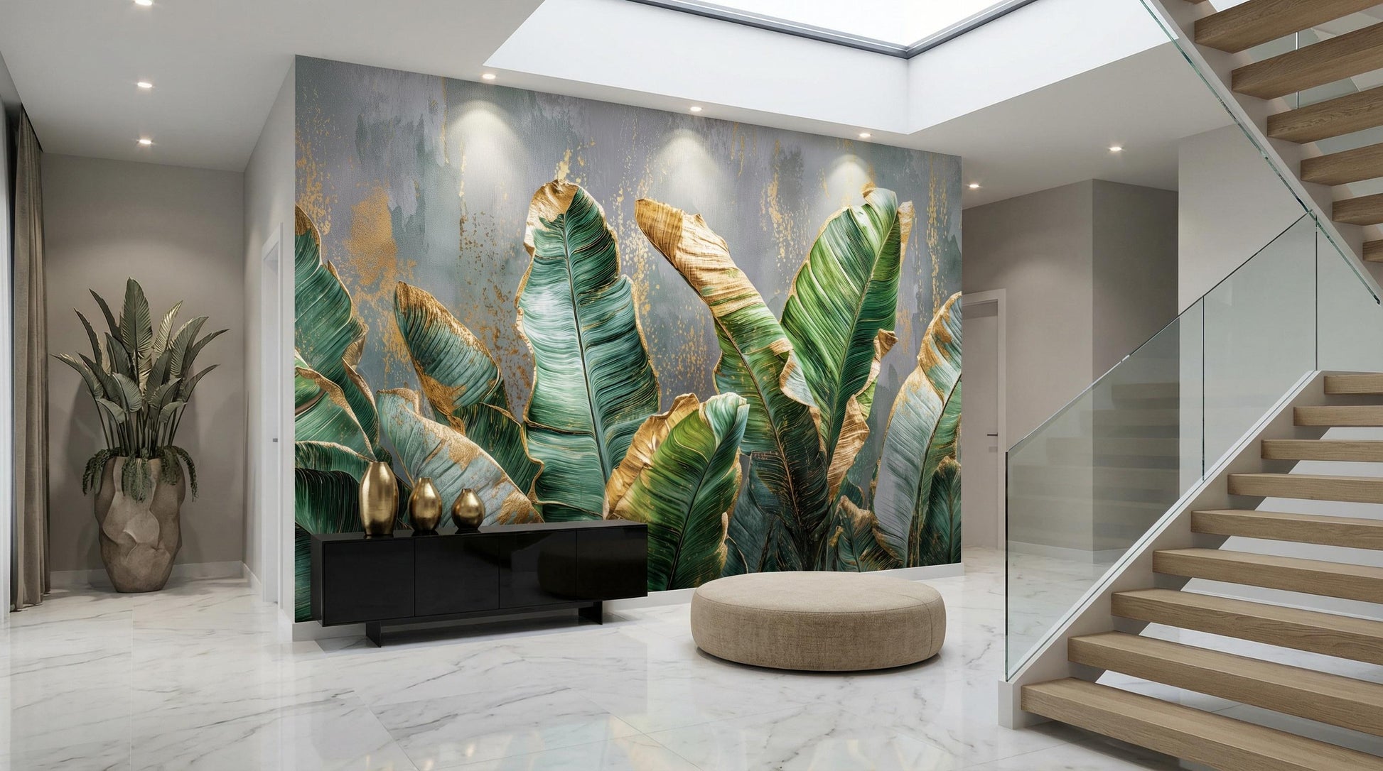Gilded Concrete Tropical Banana Floral Wallpaper – room setting, Golden Era Walls