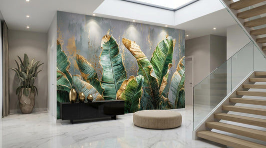 Gilded Concrete Tropical Banana Floral Wallpaper – room setting, Golden Era Walls