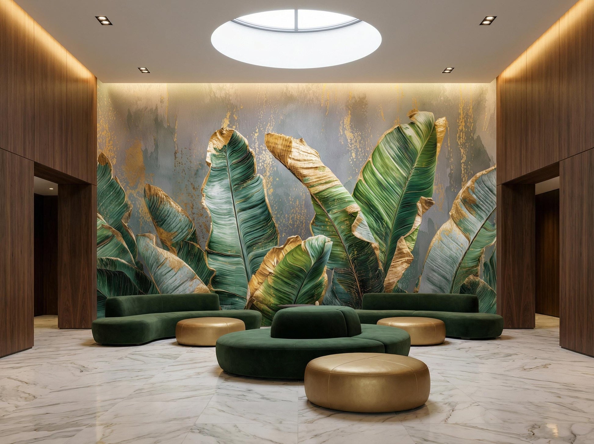 Gilded Concrete Tropical Banana Floral Wallpaper – lifestyle view, Golden Era Walls