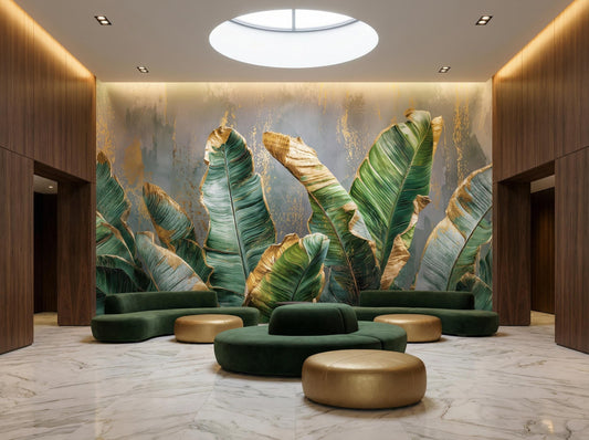 Gilded Concrete Tropical Banana Floral Wallpaper – lifestyle view, Golden Era Walls