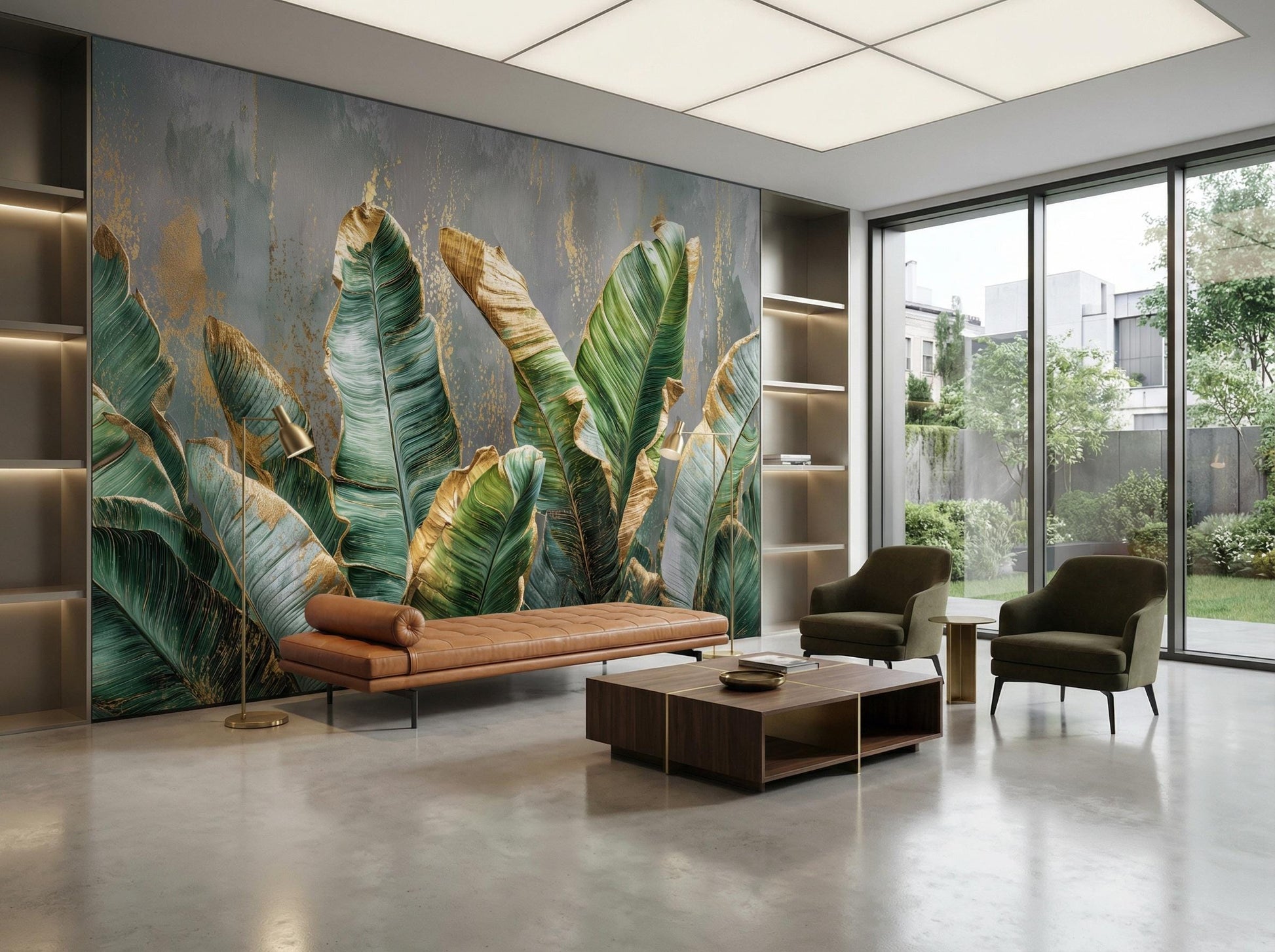 Gilded Concrete Tropical Banana Floral Wallpaper – scale reference, Golden Era Walls
