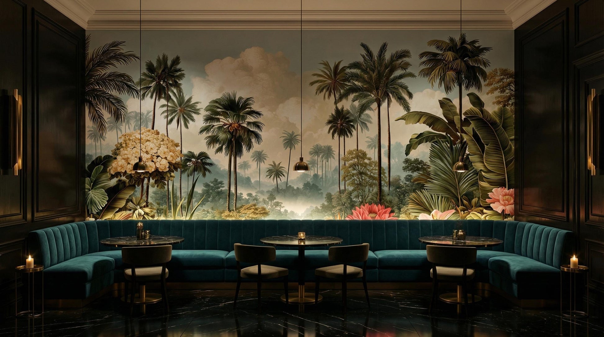 Antique Style Palm Tree Floral Wallpaper – detail view, Golden Era Walls