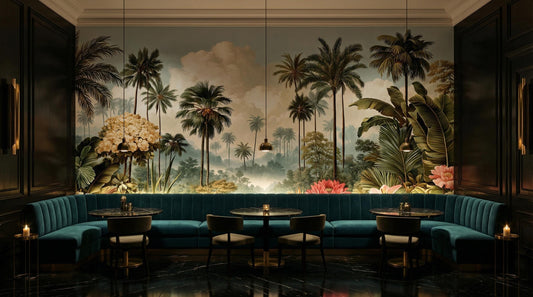 Antique Style Palm Tree Floral Wallpaper – detail view, Golden Era Walls