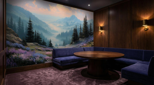 Misty Mountain Foggy Forest Wallpaper – room setting, Golden Era Walls